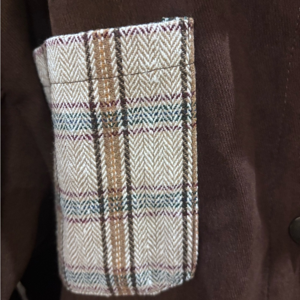 Brown & Plaid Split Patchwork Quilted Style Cropped Shacket Shirt Size Large - Picture 4 of 10
